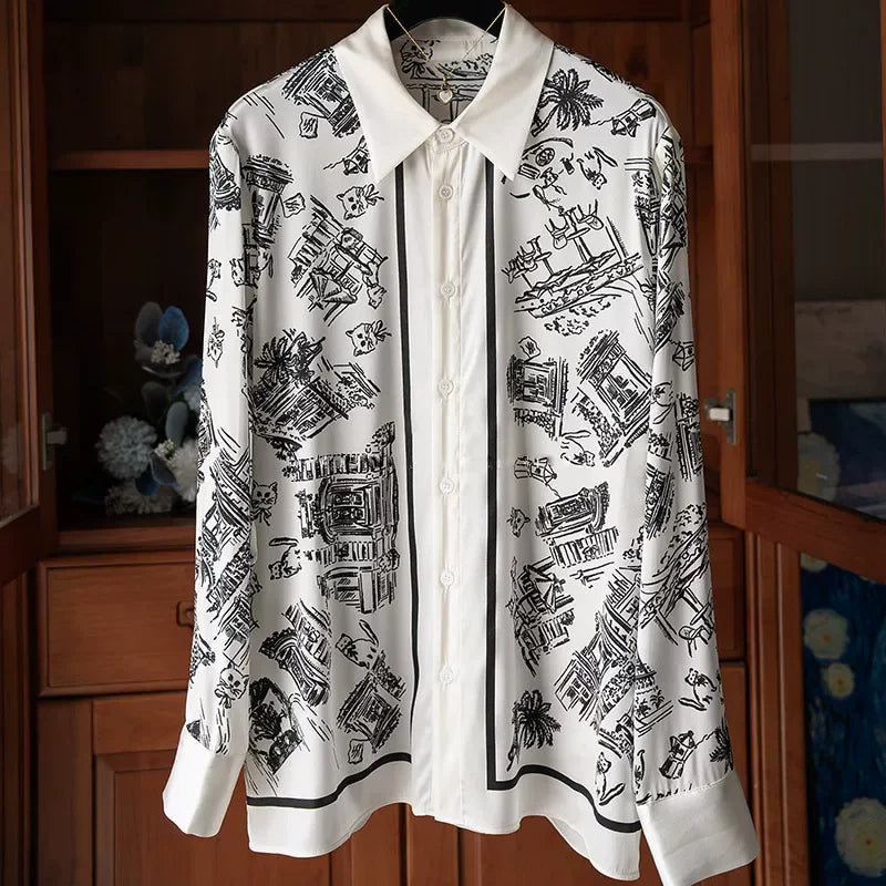 ZAROY S-3XL Imitation Silk Slim Shirts Women Orange Grey Luxury Print Fashion Blouses Lady Top Luxury Brand Design Shirt camisas