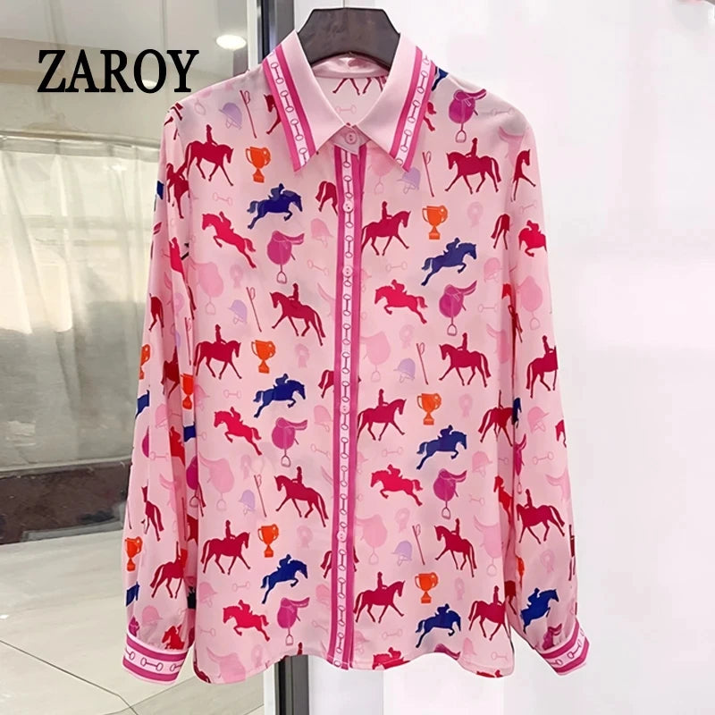 ZAROY S-3XL Imitation Silk Slim Shirts Women Orange Grey Luxury Print Fashion Blouses Lady Top Luxury Brand Design Shirt camisas