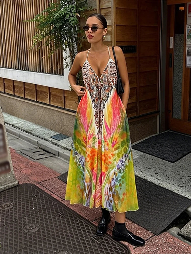 Print Neck Hanging Large Swing Dress Woman Backless Colorful Sleeveless Loose Vacation Maxi Robes Sexy Chic Women's New Dresses