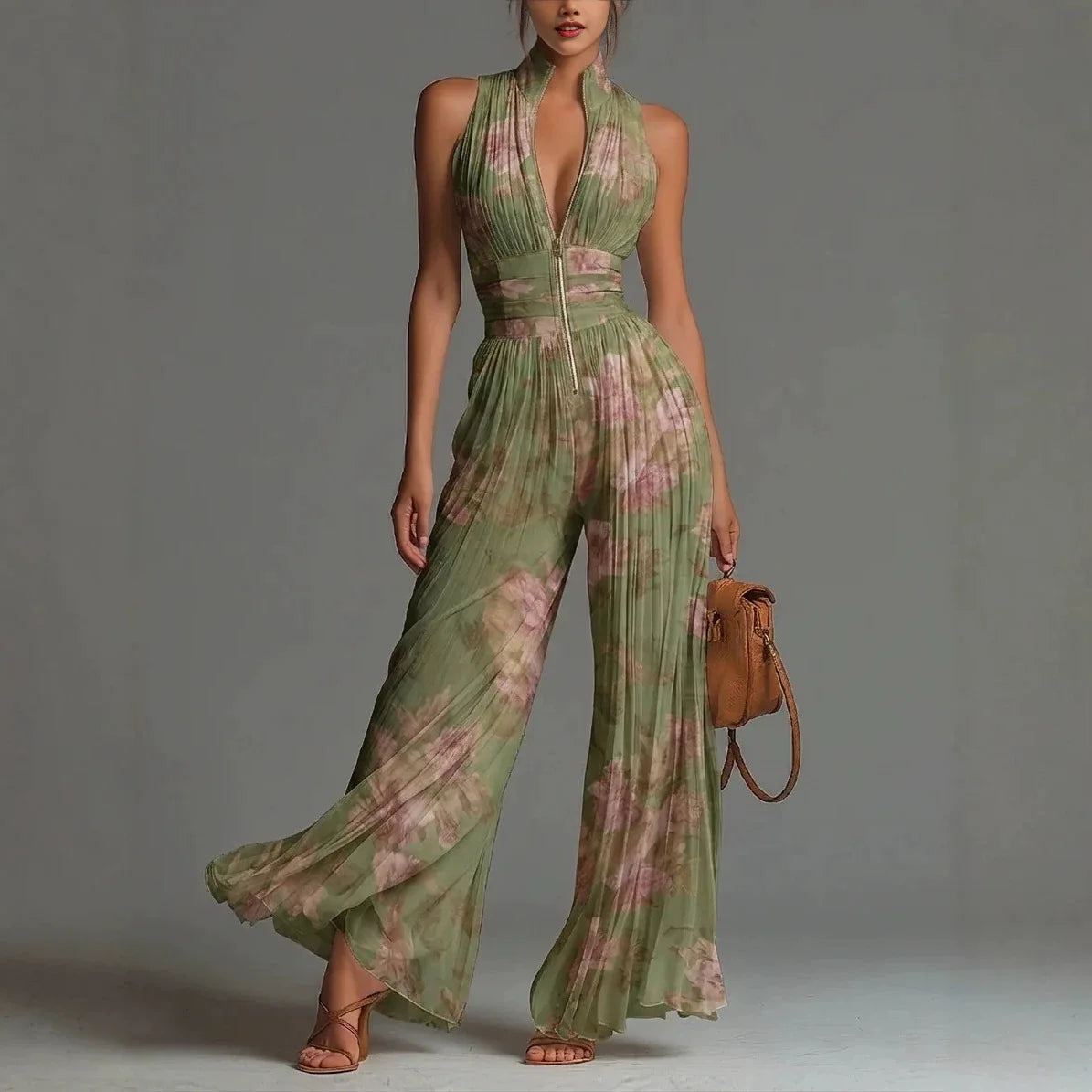 Women Elegant Chiffon Sleeveless Jumpsuit High Waist Pleated Flowy Wide Leg One Piece Overalls Holiday Casual Streetwear Rompers