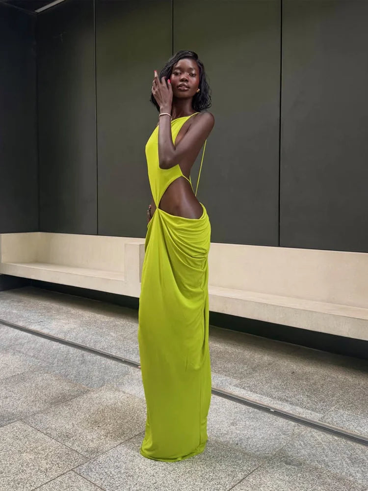 Women Sexy Soilid Hollow-out Maxi Dress Fashion Sleeveless Backless Pleated Slim Female Dresses Summer 2026 Party Evening Robe