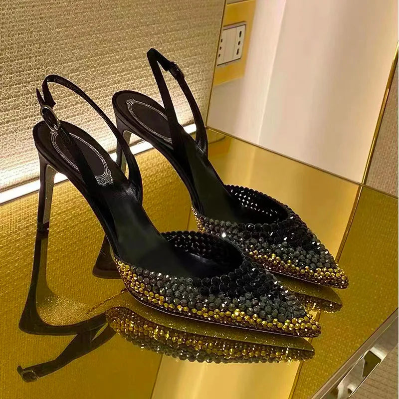 Luxury Rhinestones Gradient Slingbacks Women Pumps Fashion Bling Crystal Banquet Stiletto High Heels Fashion Party Prom Shoes