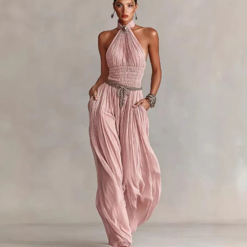 Boho Women Halter Open Back Smocked Crinkle Textured Wide-Leg Jumpsuit Lightweight with Pockets