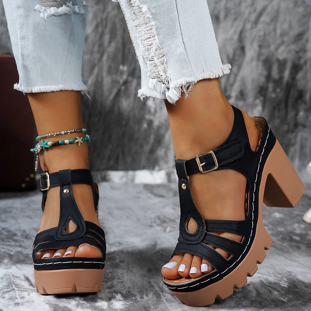 New Ethnic Style Roman Car Line Sandals Summer T-heels with Casual European and American Thick Heels Women's High Heels