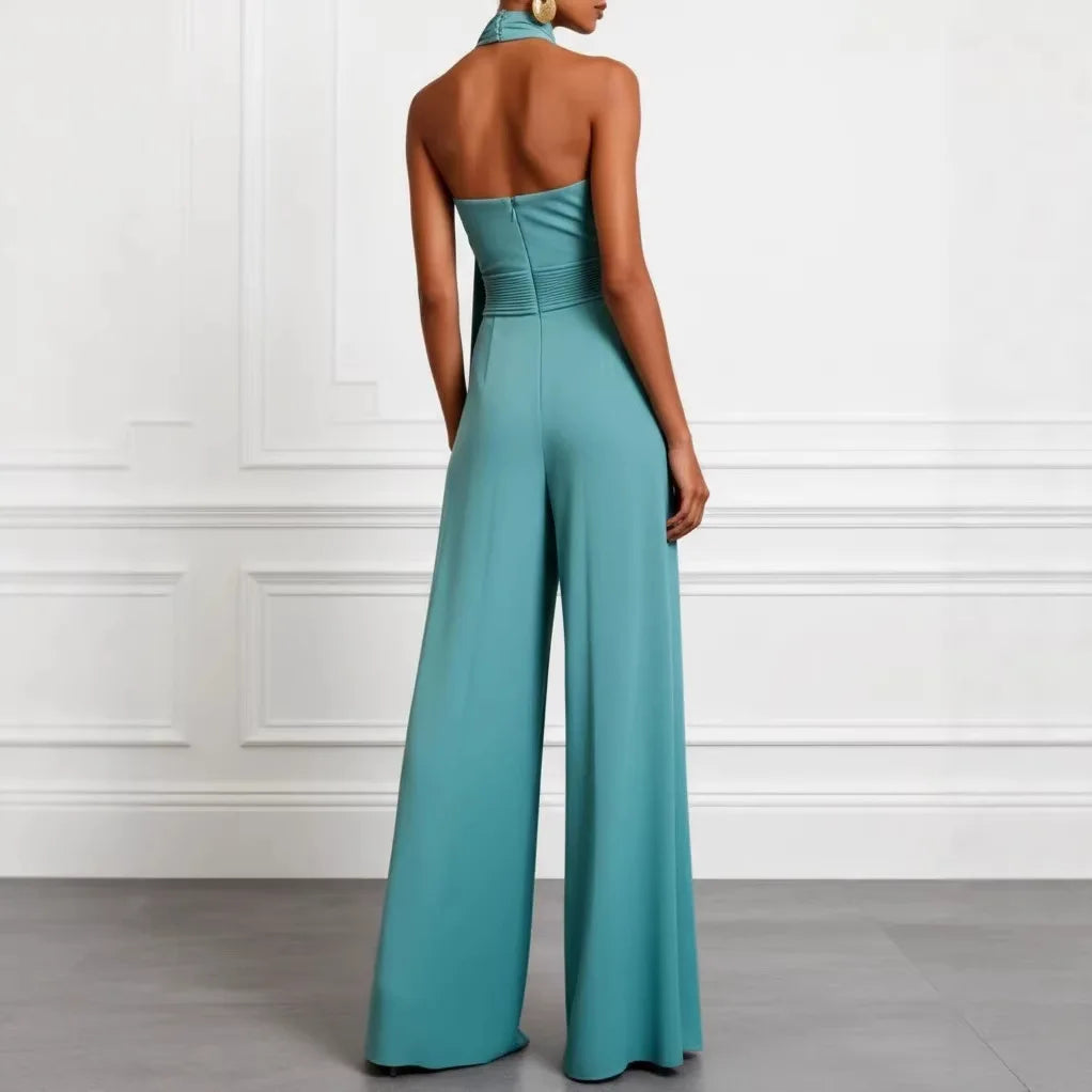 Spring Summer Women Solid Sleeveless Halter Jumpsuit Playsuit Wide Leg Romper