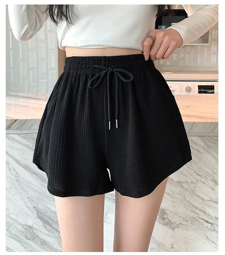 Women's Waffle Shorts sports shorts summer new Korean loose high waist wide leg pants wear women's clothing
