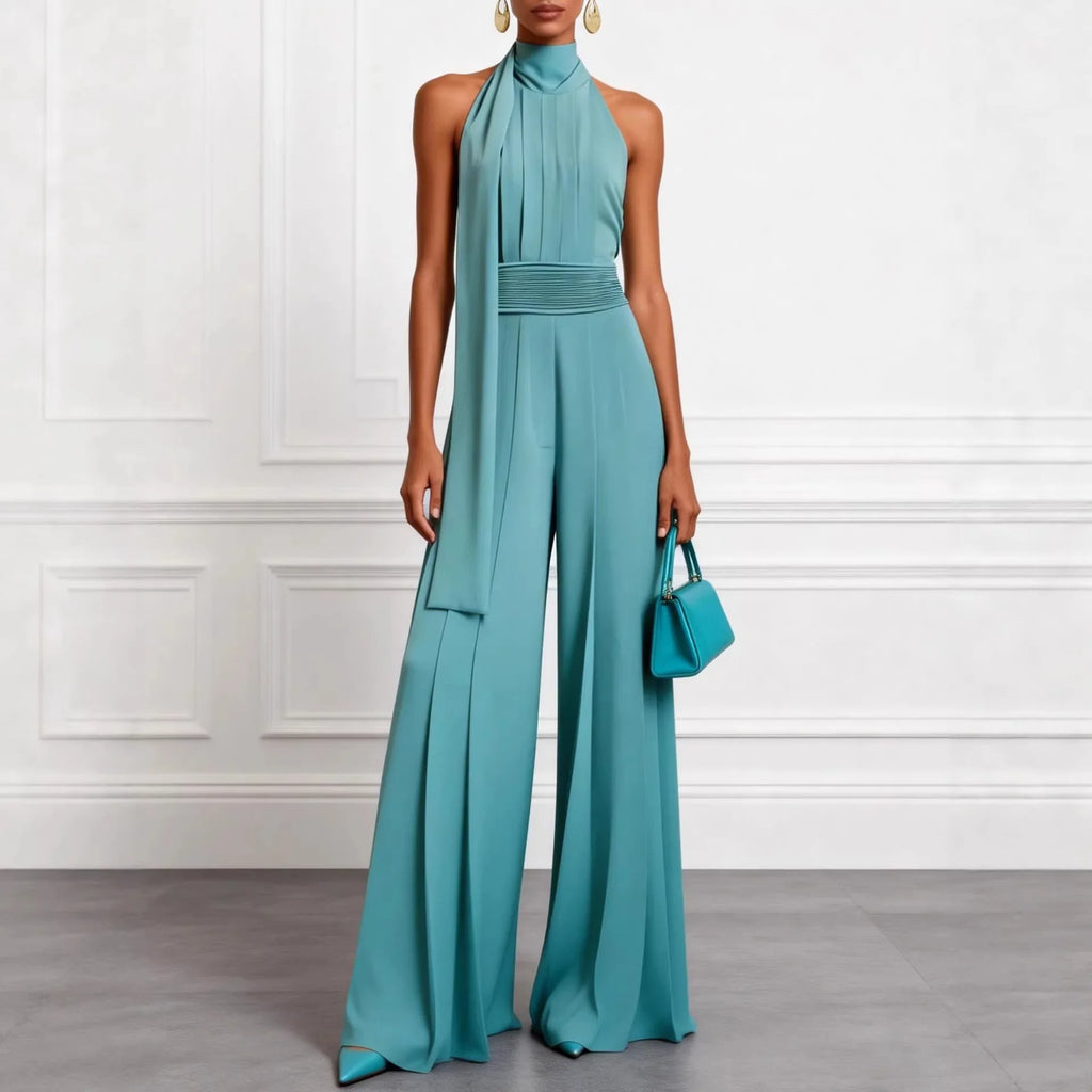 Spring Summer Women Solid Sleeveless Halter Jumpsuit Playsuit Wide Leg Romper