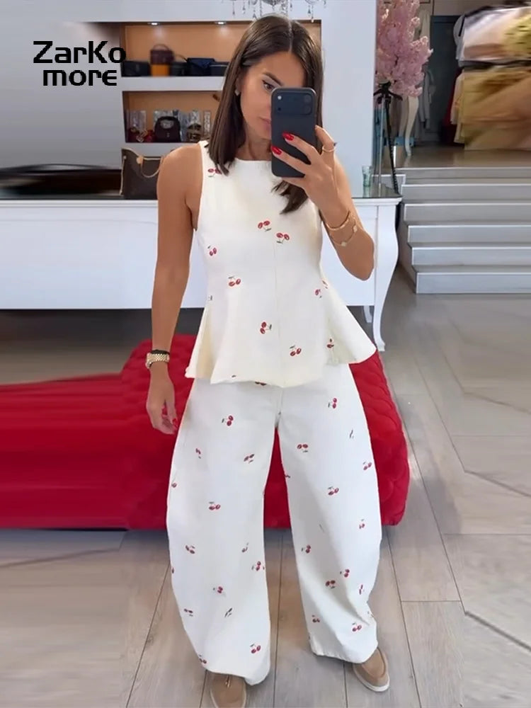 Fashion Women's Printed Pants Set Loose Round Neck Sleeveless Lotus Leaf Hem Top Straight Leg Pant 2026 Summer Lady Holiday Suit