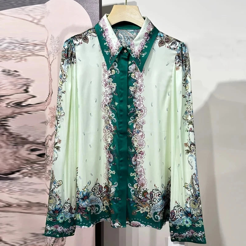 ZAROY S-3XL Imitation Silk Slim Shirts Women Orange Grey Luxury Print Fashion Blouses Lady Top Luxury Brand Design Shirt camisas