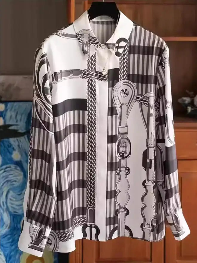 ZAROY S-3XL Imitation Silk Slim Shirts Women Orange Grey Luxury Print Fashion Blouses Lady Top Luxury Brand Design Shirt camisas