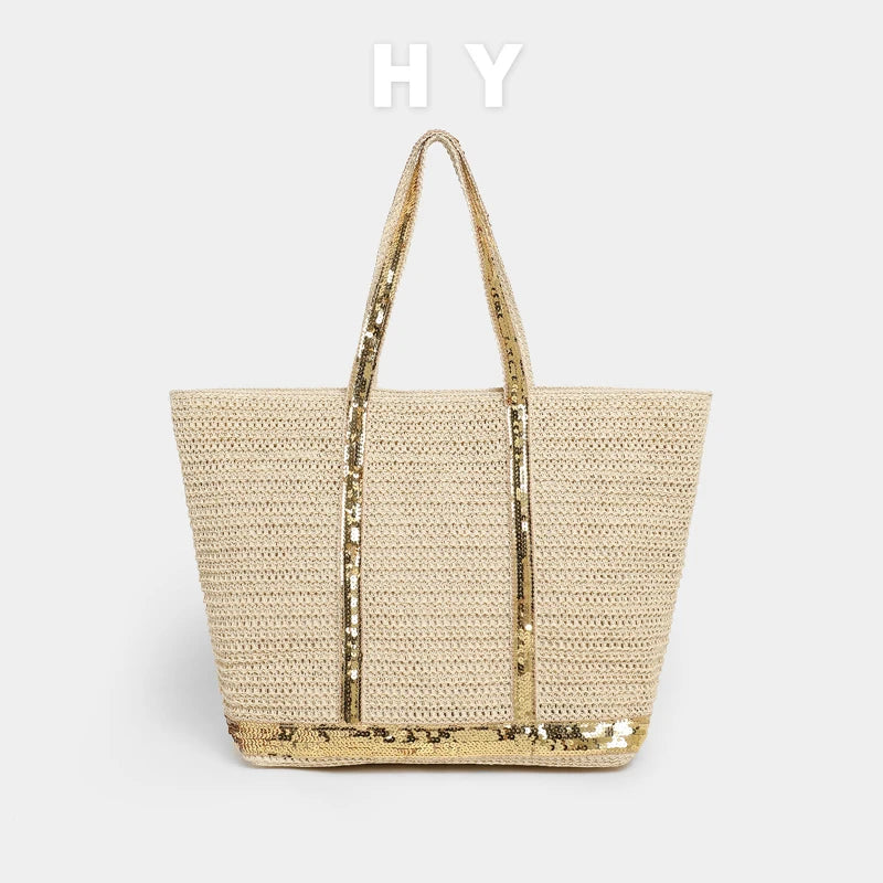 French Sequined Tote Bag For Women Luxury Large Bucket Tote Vintage Casual Woven Commuter Bag Canvas Sequined Shopper Travel Bag