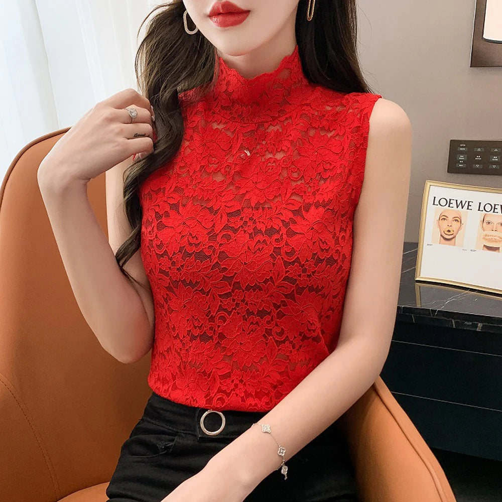 Flower Lace Female Blouses Vest S-XL Spring Summer Elastic T Shirt Girl Rose Lace Turtleneck Sleeveless Women Bottoming Tanks