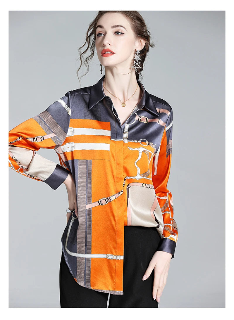 ZAROY S-3XL Imitation Silk Slim Shirts Women Orange Grey Luxury Print Fashion Blouses Lady Top Luxury Brand Design Shirt camisas