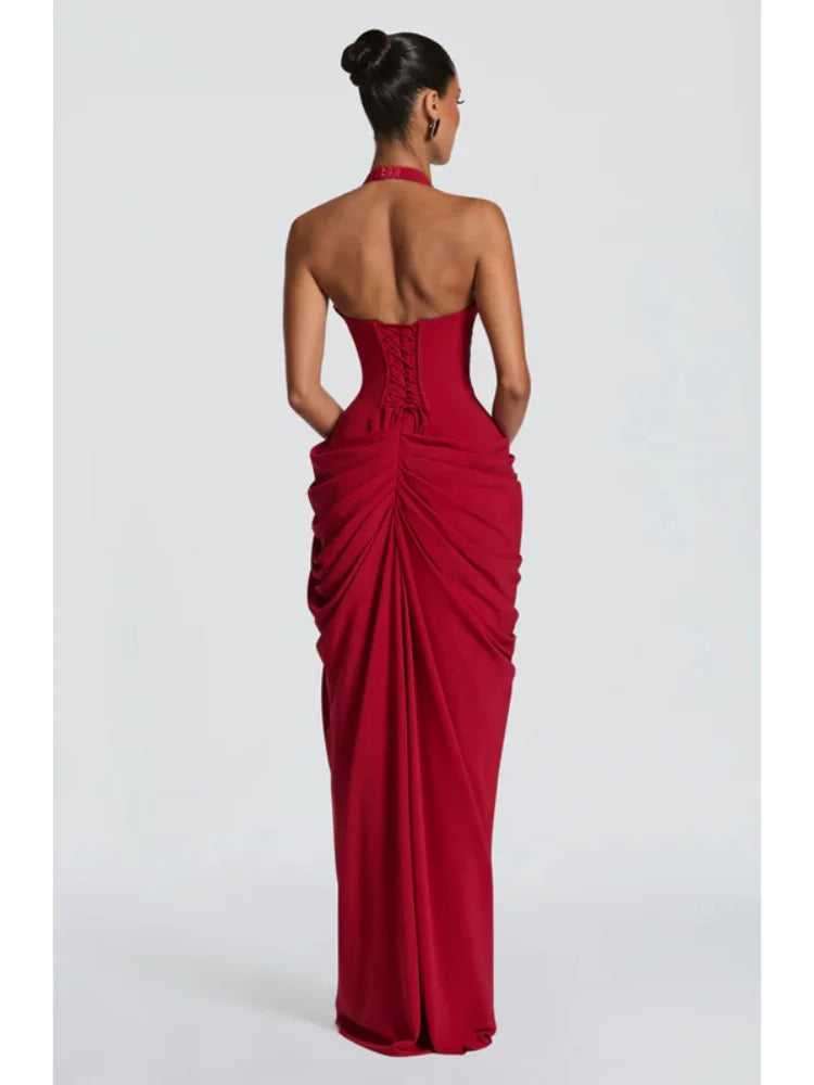 Sexy Solid Pleated Halter Women's Dress Fashion Sleeveless Backless Waist-cinching Split Maxi Dresses 2026 Summer Party Gowns