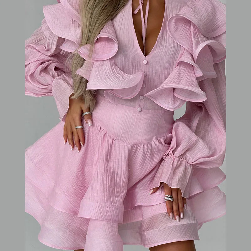 Elegant Pleated Scarf Collar Solid Women's Dress Fashion Flare Sleeve Empire Female Dresses 2026 Summer Vacation Lady Robe