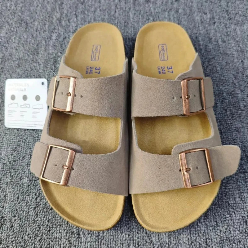y2k Vintage Style Unisex Double Buckle Flat Beach Slide Sandals with Cork Insole – Casual Comfort for Summer