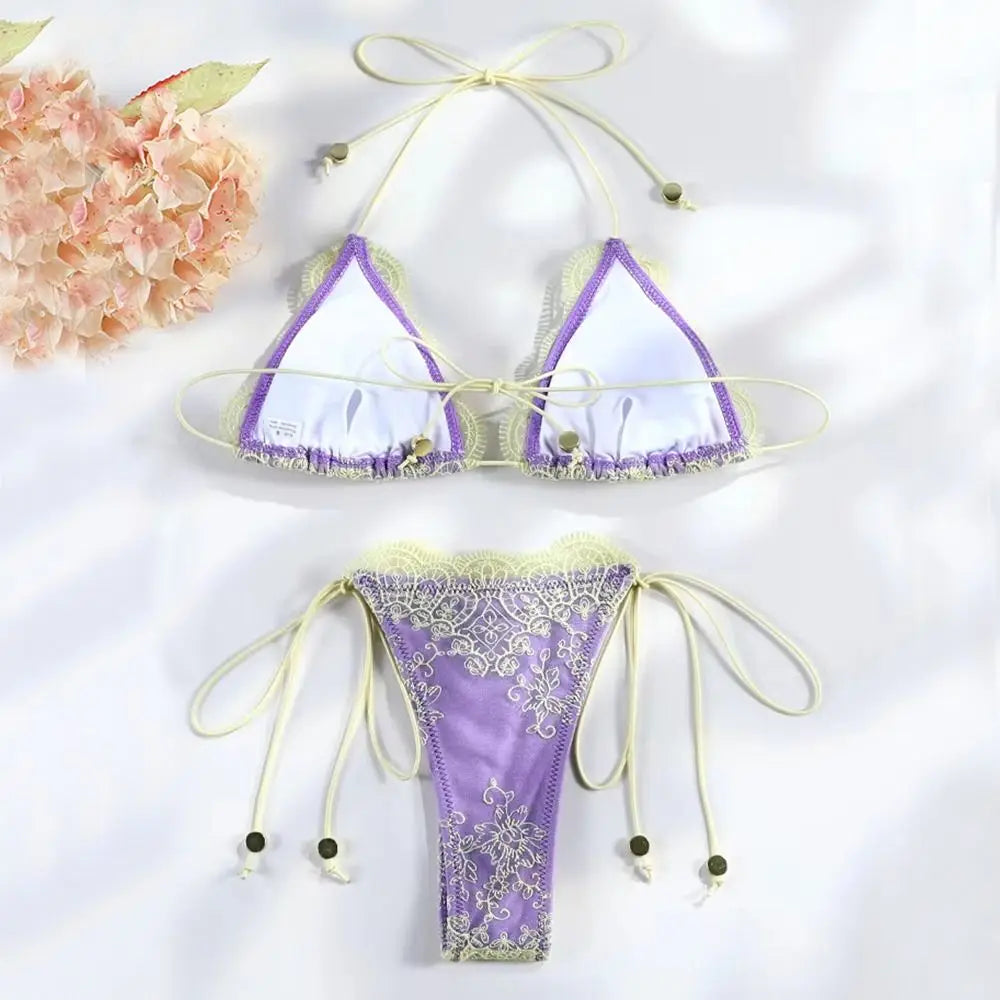 2Pcs/Set Fashion Summer Lace Bikini Set Hollow Patchwork Triangle Swimwear Casual Bandage Bathing Suit Beach