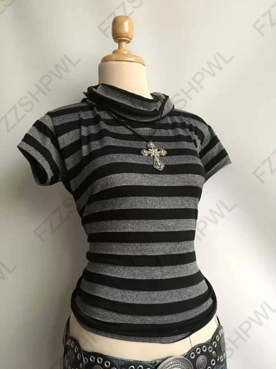 Y2k Crop top Casual Chic O-Neck Stripe Fashion Short Sleeve T-shirt Streetwear High street Classic Minimalist O-Neck Clothes