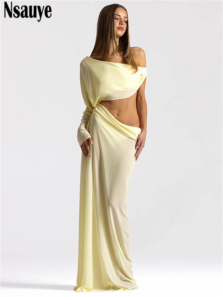 Nsauye Long Dress Women Chic New Fashion Elegant Summer One Shouder Long Sleeve Maxi Sexy Club Hollow Out