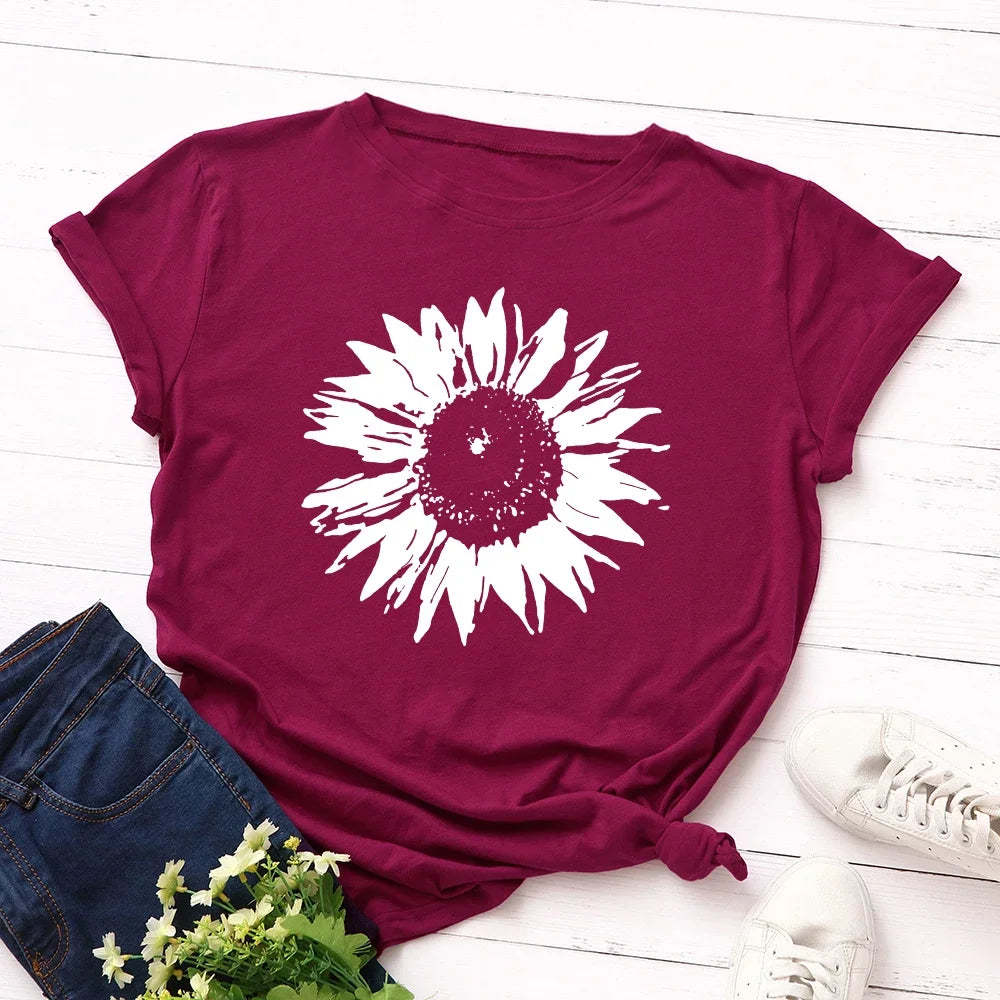 S-5XL Oversized Women T-shirts Female Short Sleeve Tee Tops Flower Printed Woman Casual Tshirt 2024 Summer Cotton T Shirt