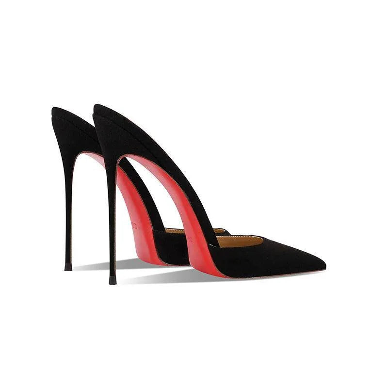 2026 new black suede high-heeled slippers with sexy temperament, pointed and thin heels, worn with a toe cover and half drag
