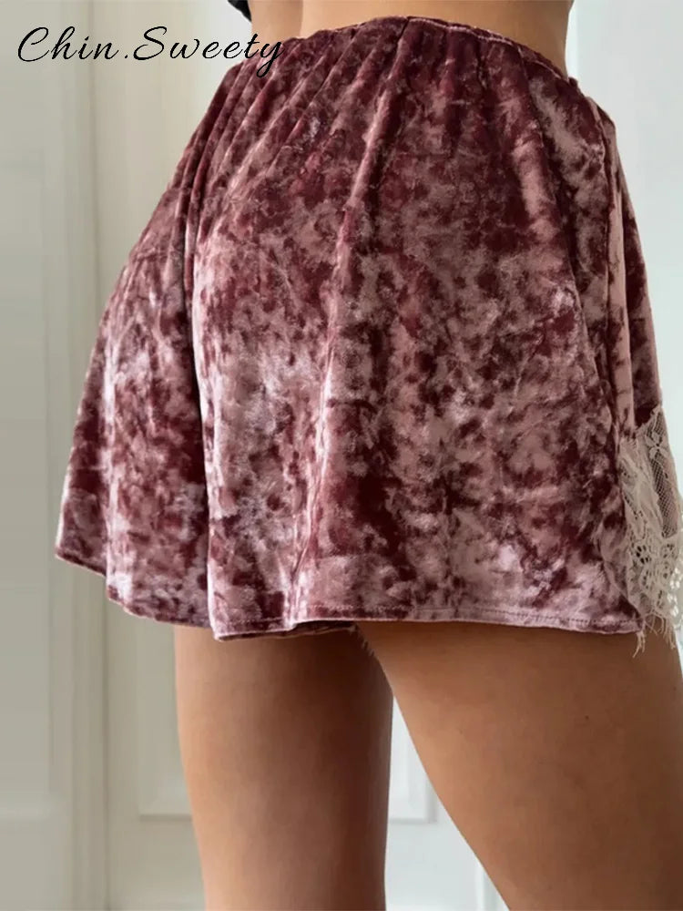 Casual Women's Printed Lace Patchwork Shorts Loose Elastic Waist Hollow Female Short Pants 2026 Summer Lady Chic All-match Pant