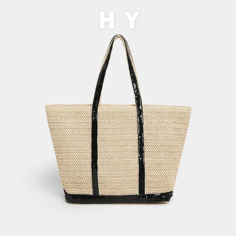 French Sequined Tote Bag For Women Luxury Large Bucket Tote Vintage Casual Woven Commuter Bag Canvas Sequined Shopper Travel Bag