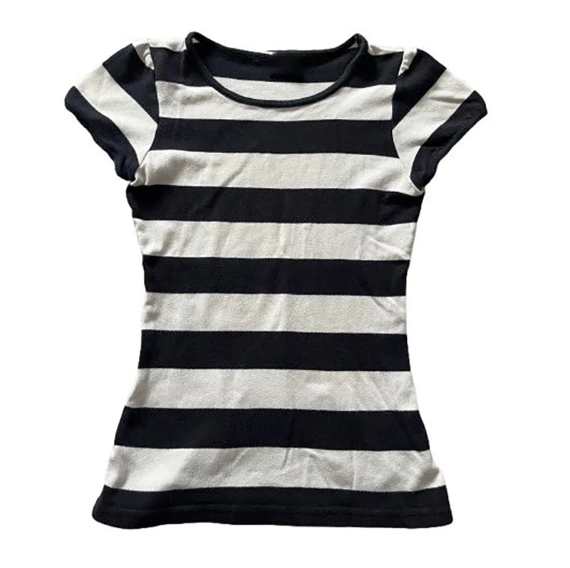 Y2k Crop top Casual Chic O-Neck Stripe Fashion Short Sleeve T-shirt Streetwear High street Classic Minimalist O-Neck Clothes