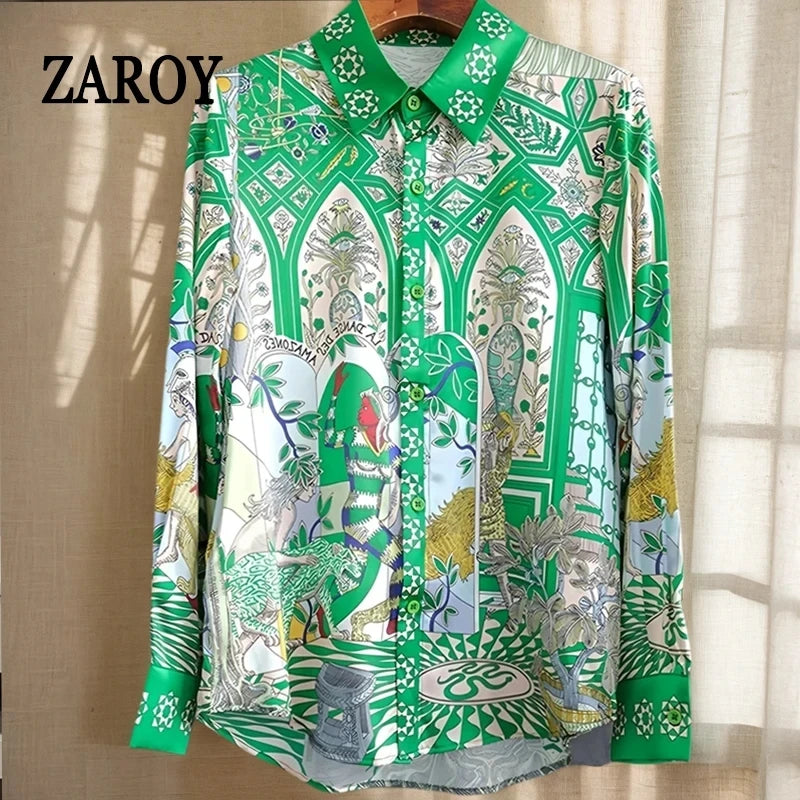 ZAROY S-3XL Imitation Silk Slim Shirts Women Orange Grey Luxury Print Fashion Blouses Lady Top Luxury Brand Design Shirt camisas