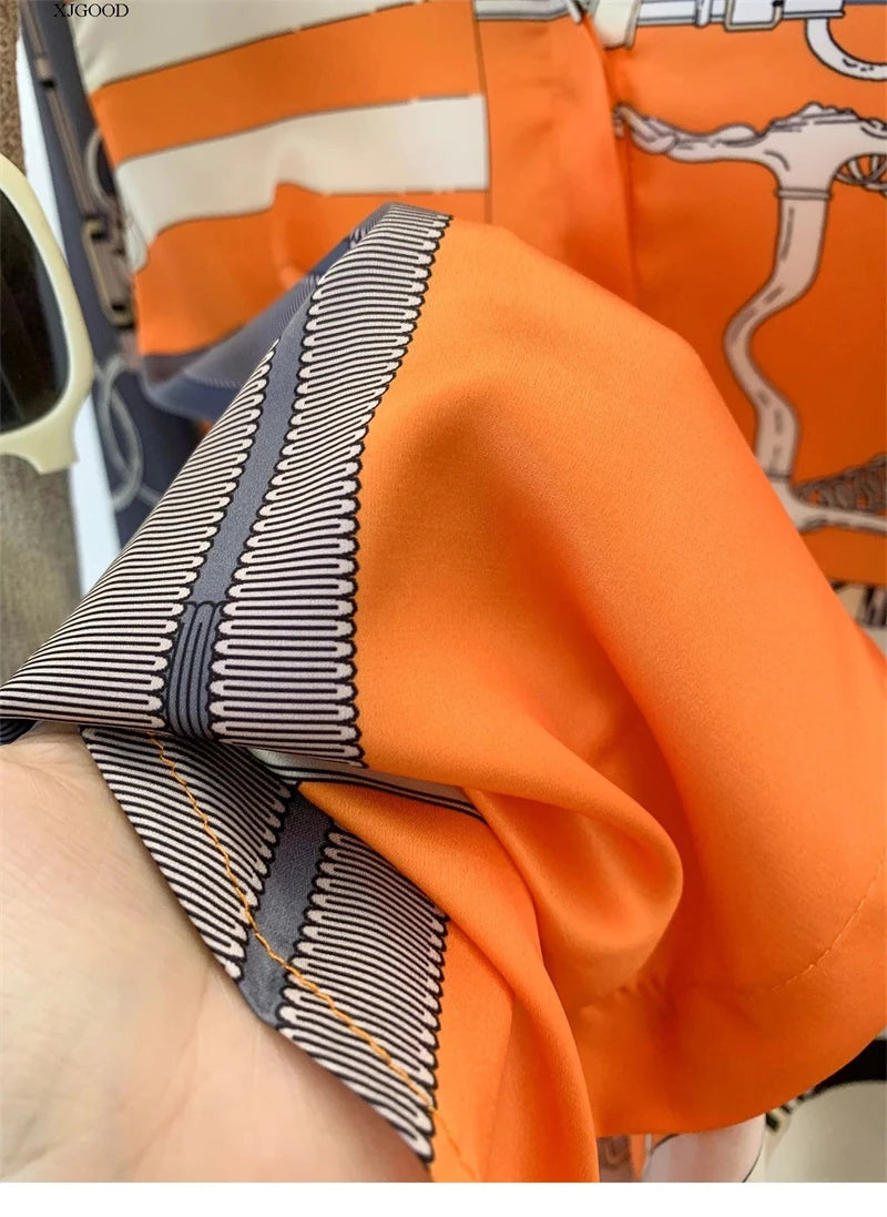 ZAROY S-3XL Imitation Silk Slim Shirts Women Orange Grey Luxury Print Fashion Blouses Lady Top Luxury Brand Design Shirt camisas
