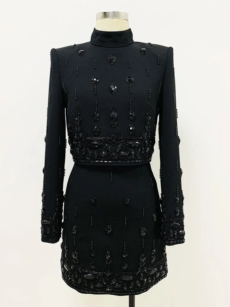 HIGH STREET Newest 2026 S/S Designer Runway Suit Set Women's Stand Collar Zip Back Cropped Tops Mini Skirt Set 2pcs