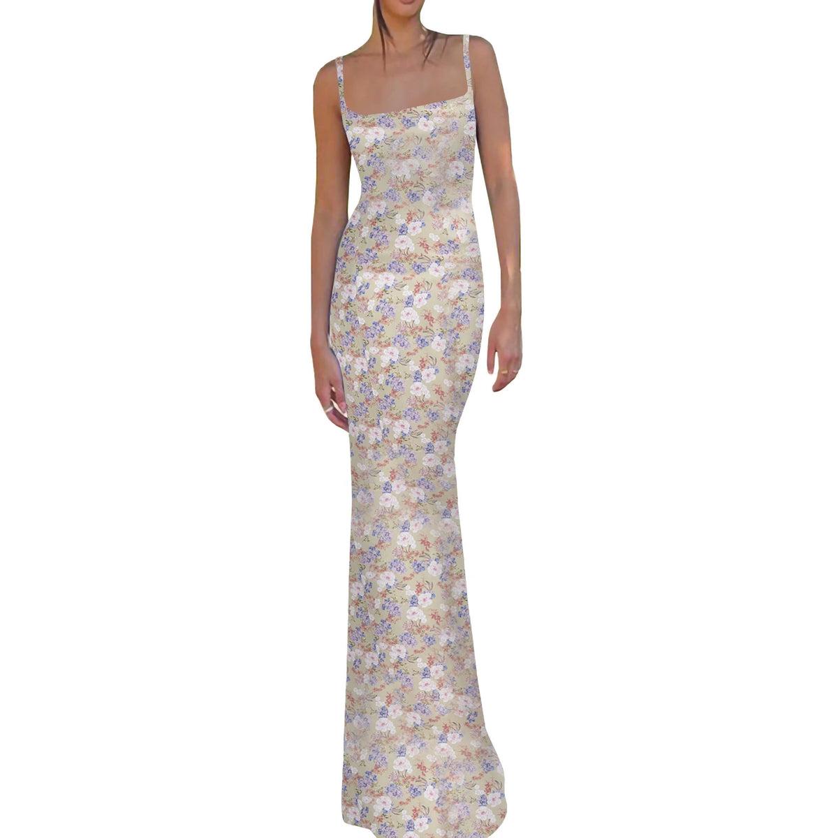 New Fashion Women´s Sexy Dress, Spaghetti Strap Sleeveless Backless Slim Fit Floral Printed Long Dresses
