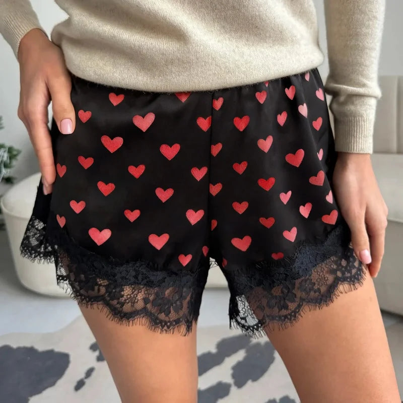Women Heart Print Lace Satin Shorts Silk Y2k Elastic Waist Mini Shorts Coquette Aesthetic Boxer Slip Pettipants French Knickers