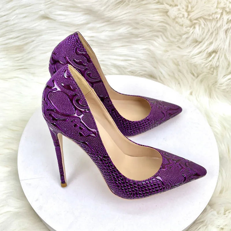 Luxury purple woman high heeled shoes shallow mouth pointed toe slip on unique shoes four season all game pattern snakes shoes