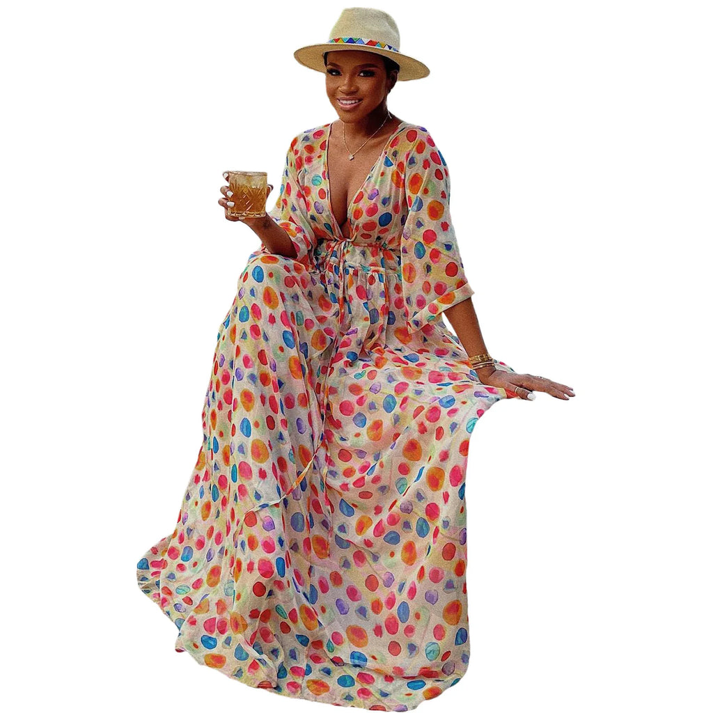 Long Dress Women Dresses A Line Vestidos Y2k Streetwear V Neck Full Sleeve Print Dot Elegant Party Night Work High Waist 2026