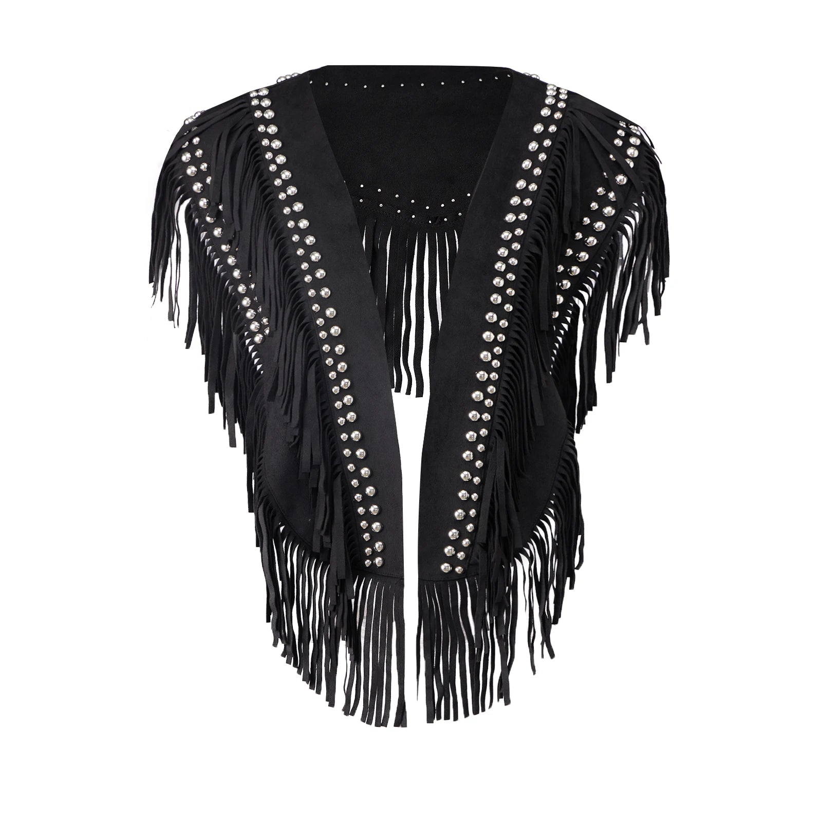 Women Studded Suede Collar Shawl Scarf Wrap Western Fringe Vest Boho Hippie Cowgirl Outfits