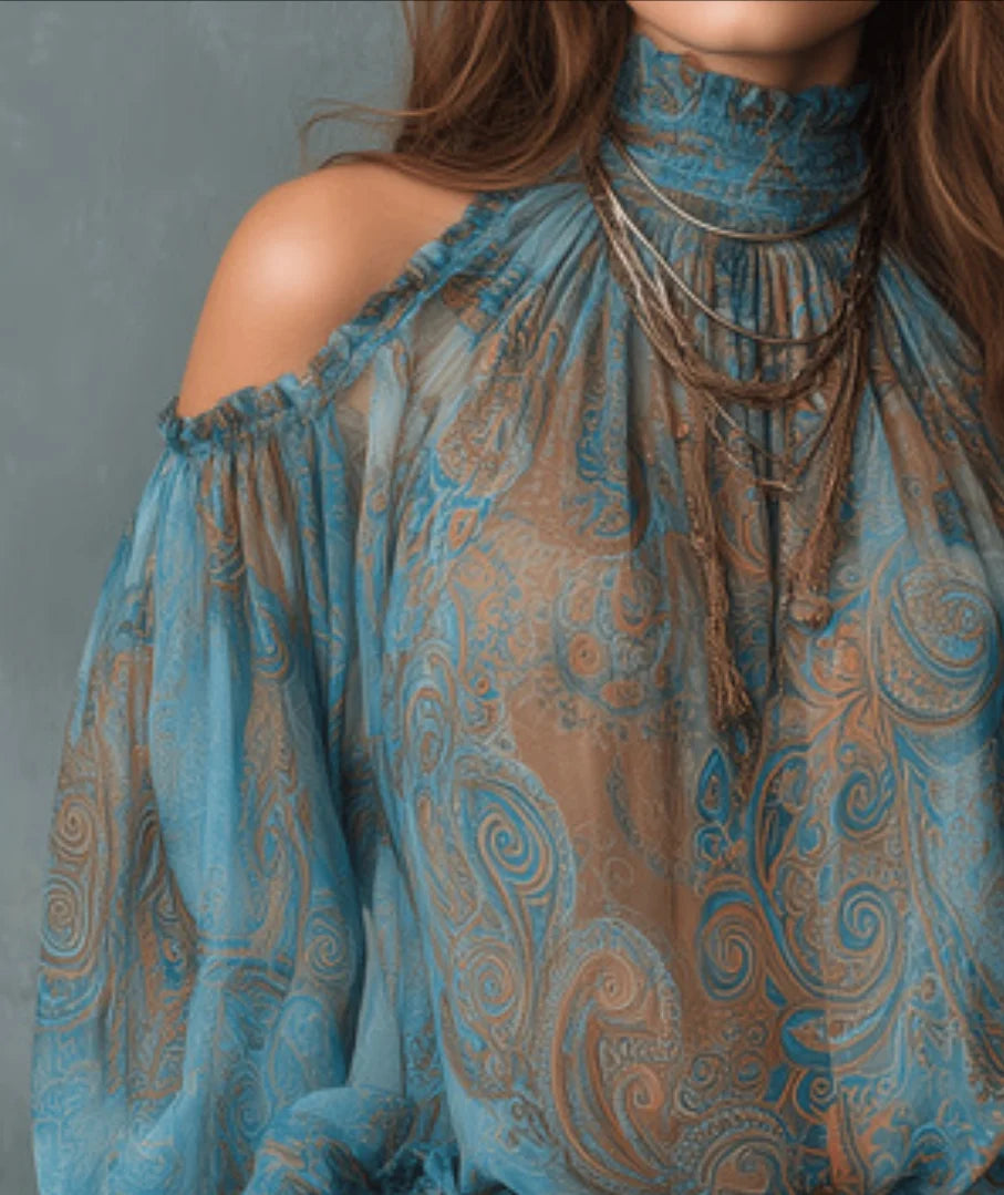 Women's Vintage Paisley Print Off Shoulder Shirt Stand Collar Tie Bell Sleeve Chiffon Top