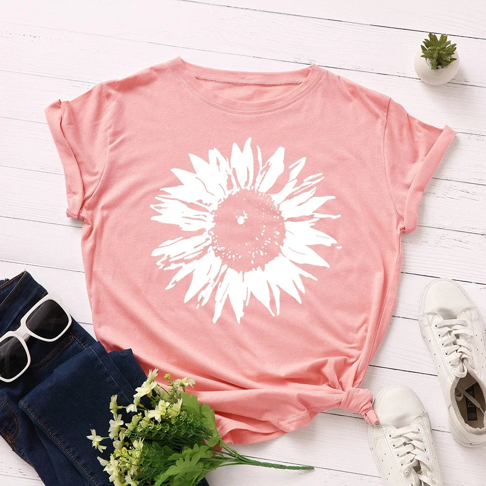 S-5XL Oversized Women T-shirts Female Short Sleeve Tee Tops Flower Printed Woman Casual Tshirt 2024 Summer Cotton T Shirt