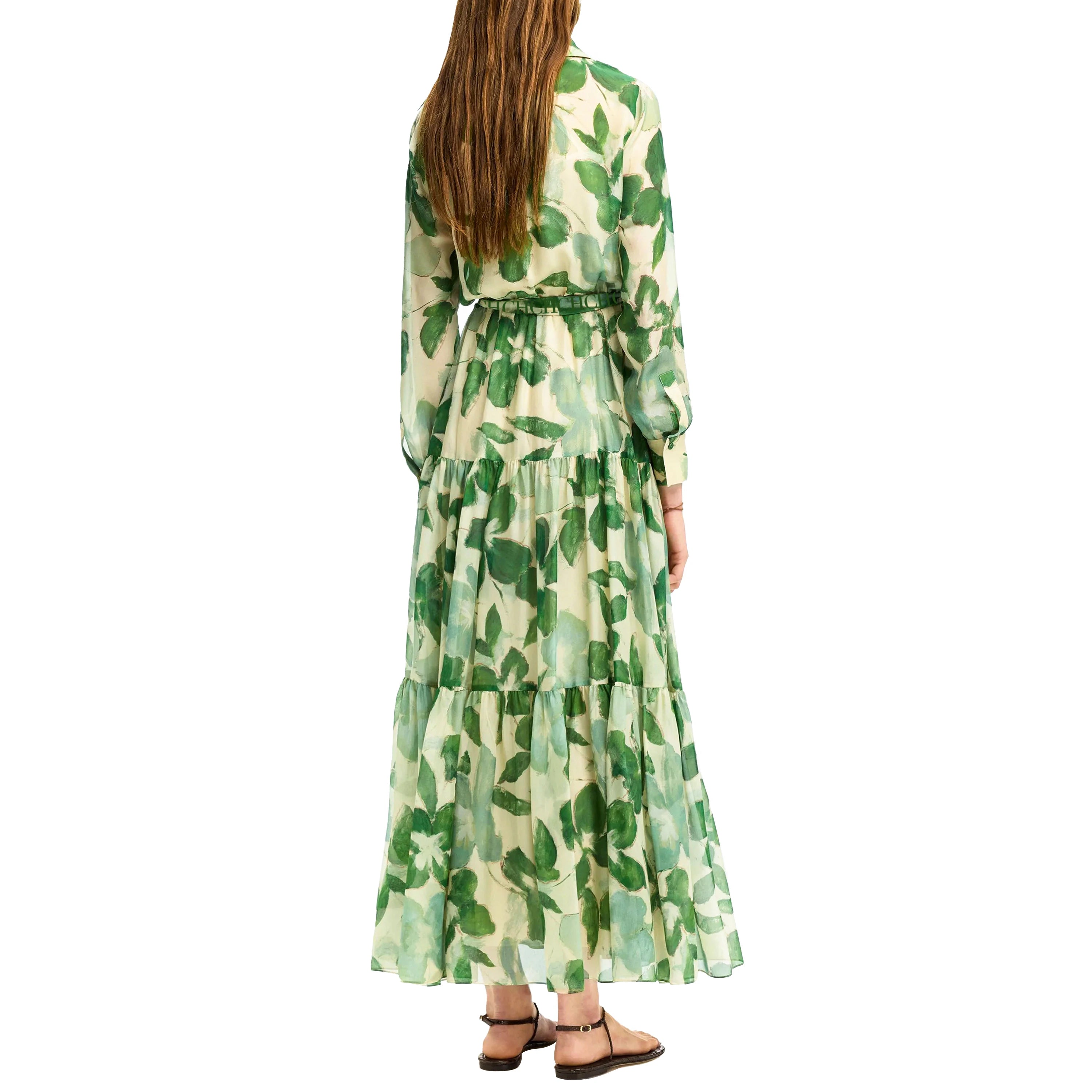 CHCH 2025 Dresses Women's New Belted Chiffon Print V-neck Chic Slim Long Dress Fashion Elegant Holiday Street Women's Dress