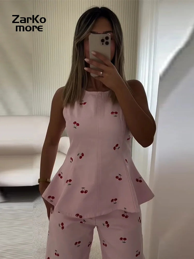 Fashion Women's Printed Pants Set Loose Round Neck Sleeveless Lotus Leaf Hem Top Straight Leg Pant 2026 Summer Lady Holiday Suit