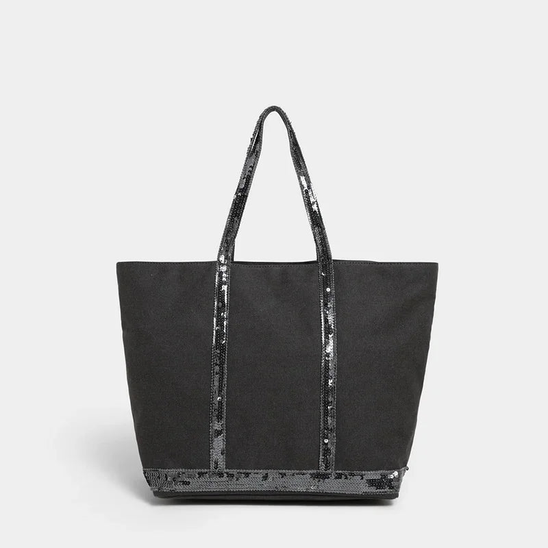 French Sequined Tote Bag For Women Luxury Large Bucket Tote Vintage Casual Woven Commuter Bag Canvas Sequined Shopper Travel Bag
