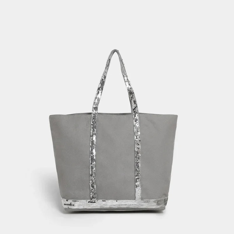 French Sequined Tote Bag For Women Luxury Large Bucket Tote Vintage Casual Woven Commuter Bag Canvas Sequined Shopper Travel Bag