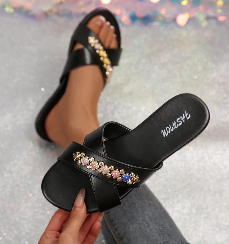 Spring Summer Fashion Ladies Open-Toe Flat Head Black/White Sandals Metal Decoration Square Toe Women's Slippers