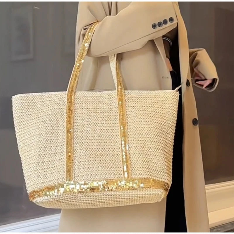 French Sequined Tote Bag For Women Luxury Large Bucket Tote Vintage Casual Woven Commuter Bag Canvas Sequined Shopper Travel Bag