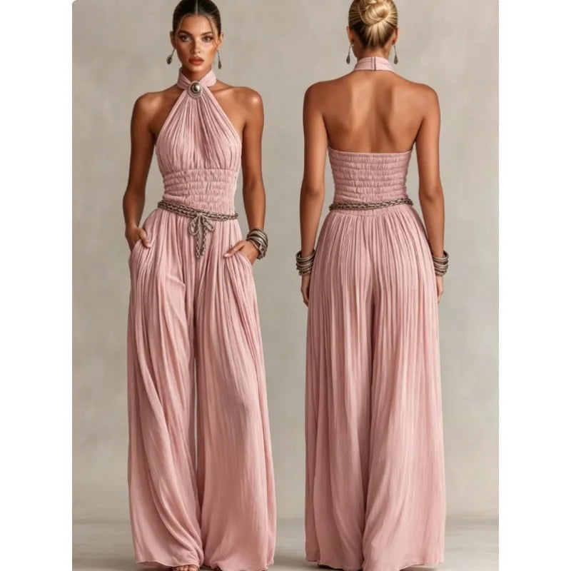Boho Women Halter Open Back Smocked Crinkle Textured Wide-Leg Jumpsuit Lightweight with Pockets