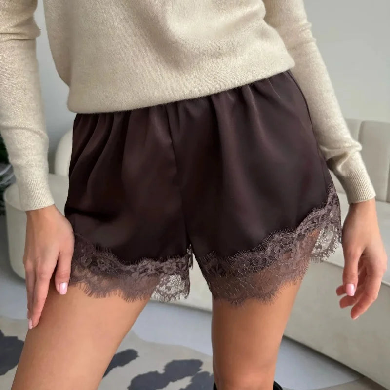 Women Heart Print Lace Satin Shorts Silk Y2k Elastic Waist Mini Shorts Coquette Aesthetic Boxer Slip Pettipants French Knickers