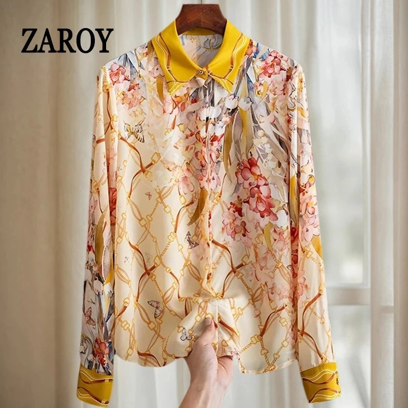 ZAROY S-3XL Imitation Silk Slim Shirts Women Orange Grey Luxury Print Fashion Blouses Lady Top Luxury Brand Design Shirt camisas
