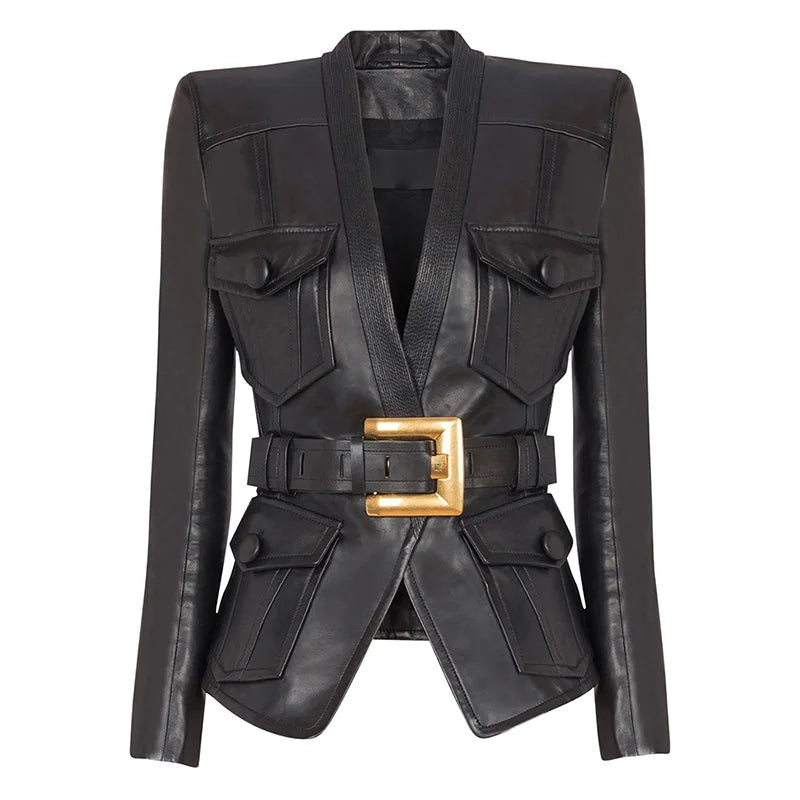 2026 new luxury and fashionable women's clothing belt slim fit leather jacket with multiple pockets motorcycle fashion jacket