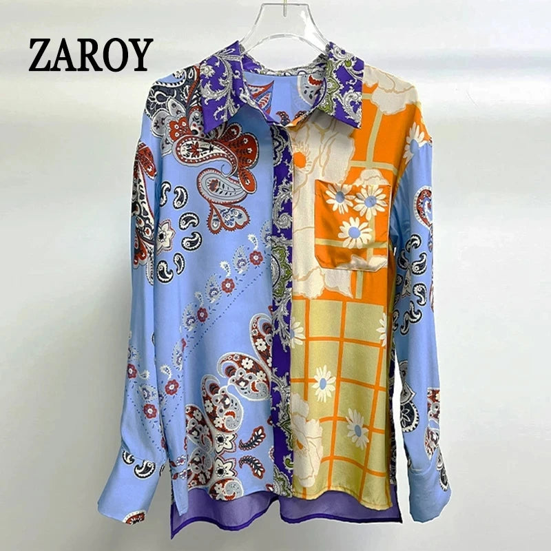 ZAROY S-3XL Imitation Silk Slim Shirts Women Orange Grey Luxury Print Fashion Blouses Lady Top Luxury Brand Design Shirt camisas