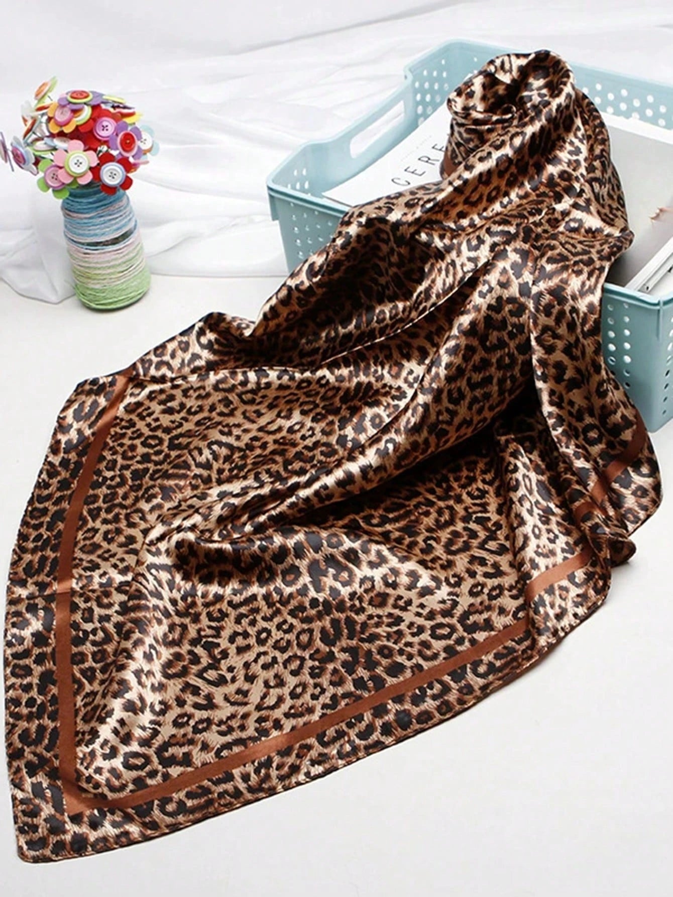 90cm Leopard Print Neckerchief Hijab Scarf For Women Silk Satin Headband Hair Scarves Female Square Shawls Ladies Head Bandana